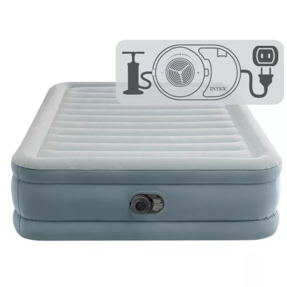 Felfújható vendégágy, Intex Queen Prémium Comfort, 203 x 152 x 46 cm, szarufa mintás, kétszemélyes, megerősített szálas belső szerkezet, beépített elektromos pumpával, fejtámlával, 272 kg teherbírással (64824)