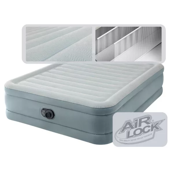 Felfújható vendégágy, Intex Queen Prémium Comfort, 203 x 152 x 46 cm, szarufa mintás, kétszemélyes, megerősített szálas belső szerkezet, beépített elektromos pumpával, fejtámlával, 272 kg teherbírással (64824)