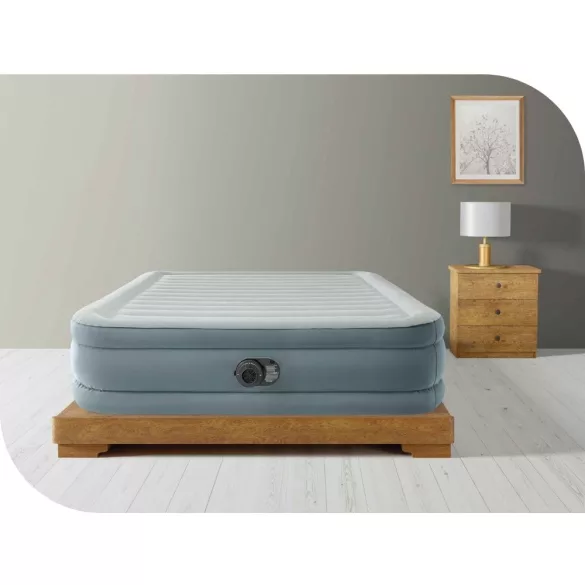 Felfújható vendégágy, Intex Queen Prémium Comfort, 203 x 152 x 46 cm, szarufa mintás, kétszemélyes, megerősített szálas belső szerkezet, beépített elektromos pumpával, fejtámlával, 272 kg teherbírással (64824)