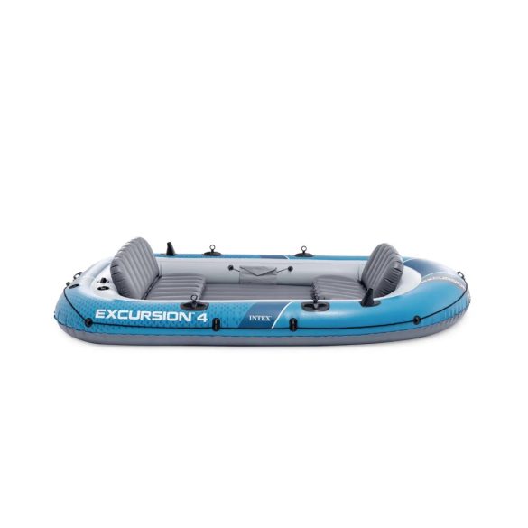 Felfújható csónak szett, Intex Excursion 4, 315 x 165 x 43 cm, kék, négyszemélyes, megerősített PVC, felfújható ülésekkel, pumpával és evezőkkel (66324)
