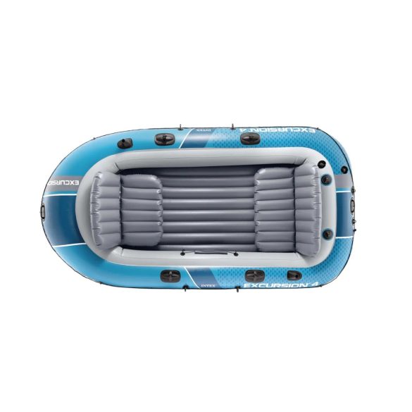 Felfújható csónak szett, Intex Excursion 4, 315 x 165 x 43 cm, kék, négyszemélyes, megerősített PVC, felfújható ülésekkel, pumpával és evezőkkel (66324)