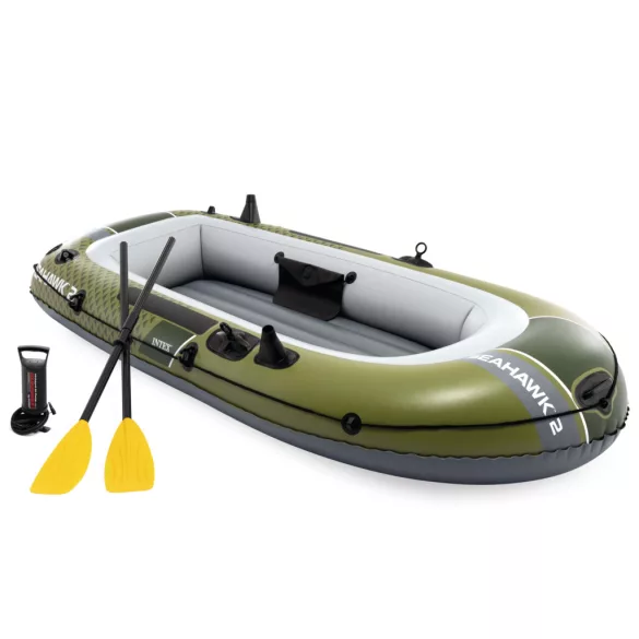 Felfújható csónak szett, Intex Seahawk 2, 236 x 114 x 41 cm, zöld, kétszemélyes, megerősített PVC, pumpával és evezőkkel (66332)