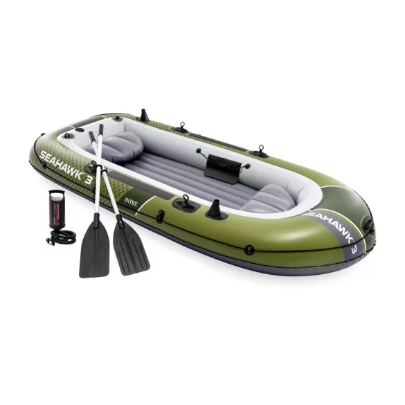 Felfújható csónak szett, Intex Seahawk 3, 295 x 137 x 43 cm, zöld, háromszemélyes, megerősített PVC, pumpával és evezőkkel (66333)