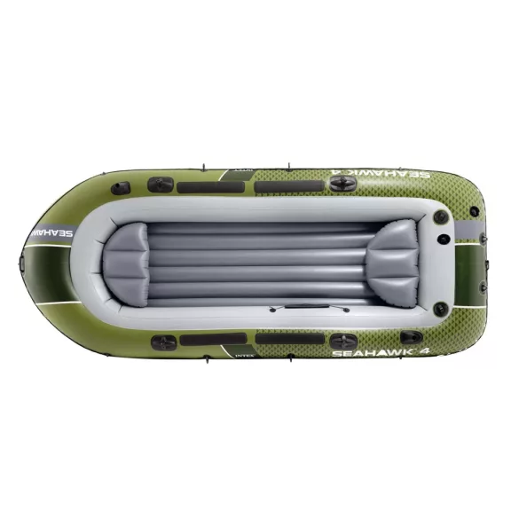 Felfújható csónak szett, Intex Seahawk 4, 351 x 145 x 48 cm, zöld, négyszemélyes, megerősített PVC, pumpával és evezőkkel (66334)