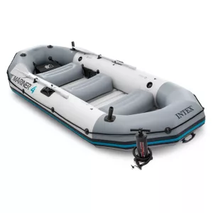 Felfújható tengeri gumicsónak szett, Intex Mariner 4, 328 x 145 x 48 cm, szürke, négyszemélyes, megerősített háromrétegű PVC, merev műanyag padlóval, felfújható ülésekkel, horgászbot-tartókkal, pumpával és evezőkkel (68376)