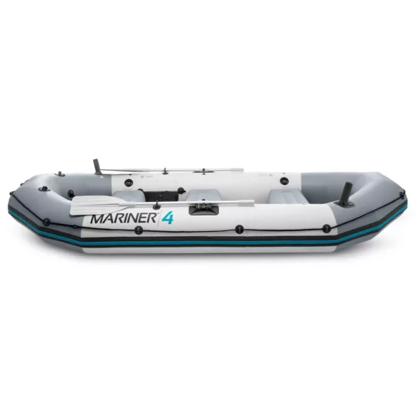 Felfújható tengeri gumicsónak szett, Intex Mariner 4, 328 x 145 x 48 cm, szürke, négyszemélyes, megerősített háromrétegű PVC, merev műanyag padlóval, felfújható ülésekkel, horgászbot-tartókkal, pumpával és evezőkkel (68376)