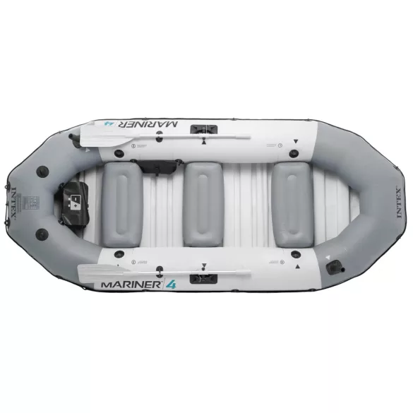 Felfújható tengeri gumicsónak szett, Intex Mariner 4, 328 x 145 x 48 cm, szürke, négyszemélyes, megerősített háromrétegű PVC, merev műanyag padlóval, felfújható ülésekkel, horgászbot-tartókkal, pumpával és evezőkkel (68376)