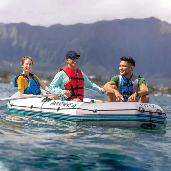 Felfújható tengeri gumicsónak szett, Intex Mariner 4, 328 x 145 x 48 cm, szürke, négyszemélyes, megerősített háromrétegű PVC, merev műanyag padlóval, felfújható ülésekkel, horgászbot-tartókkal, pumpával és evezőkkel (68376)