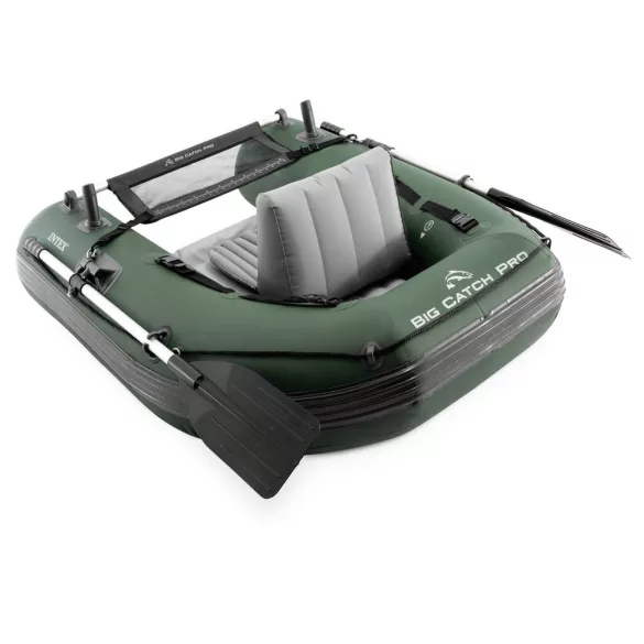 Felfújható horgászcsónak, Intex Big Catch Pro, 165 x 119 x 38 cm, sötétzöld, egyszemélyes, megerősített PVC, horgászbot-tartókkal, evezőkkel, pumpával és hordozó hátizsákkal (68381NP)