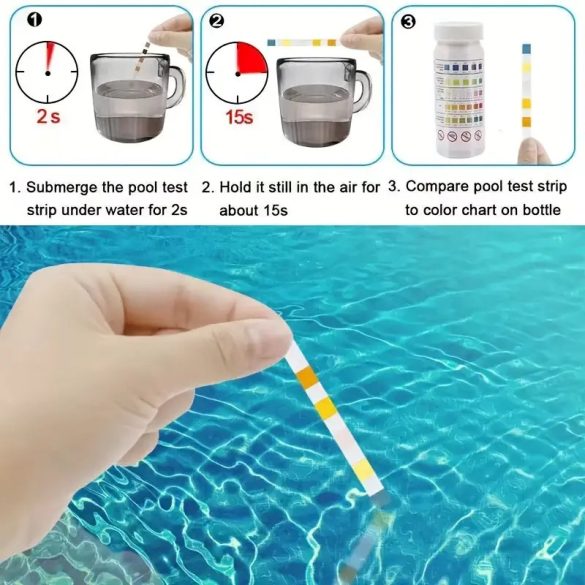 Mérőcsík készlet, 5 in 1 tesztcsík, 50db (PH, Klór, Alkáli, Bróm, Vízkeménység) poolx